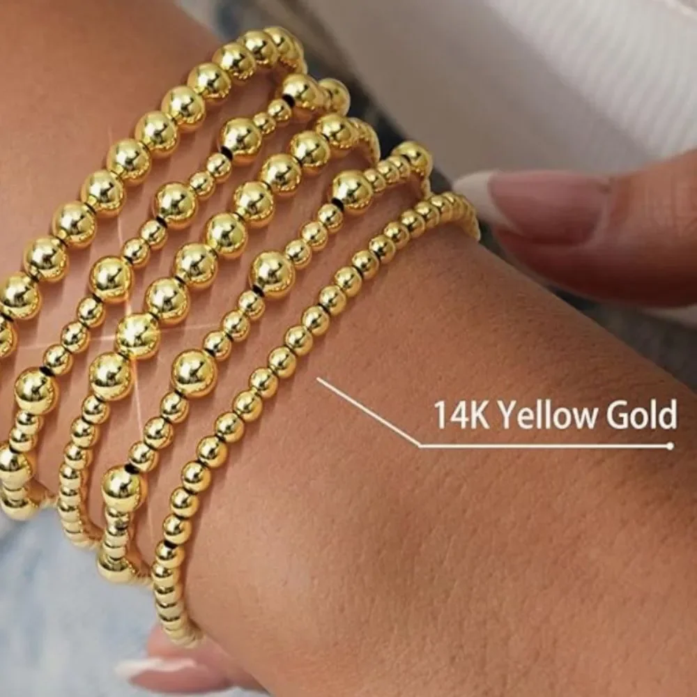 NEW 14K Gold Plated Bracelet Stack Strand Stretch Bead Ball Bracelet Set